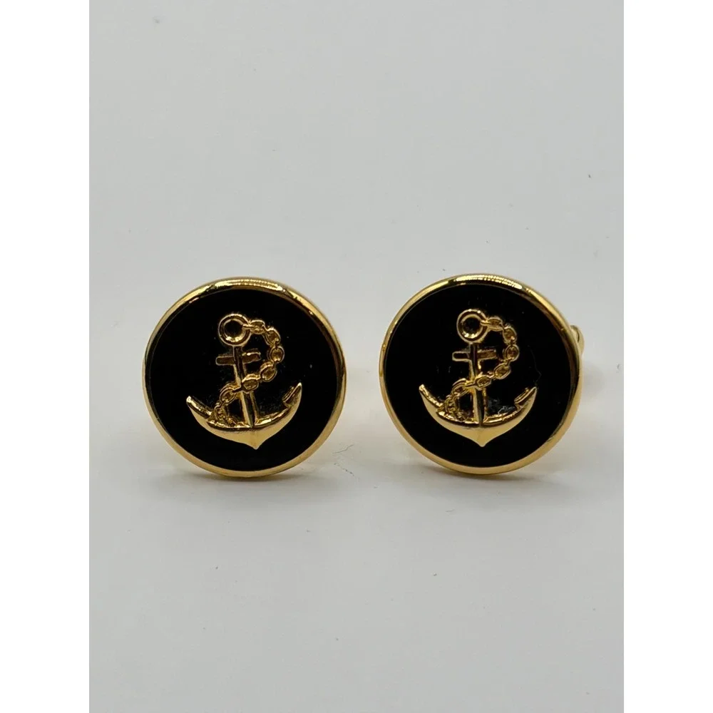 K Line Mens Gold Tone Black Enamel Anchor Nautical Toggle Back Cufflinks